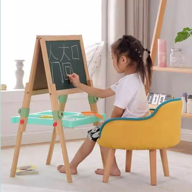 Contemporary Curved Kids' Linen-Cotton Accent Chair with Solid Wood Frame, Backrest and Armrests for Living Room