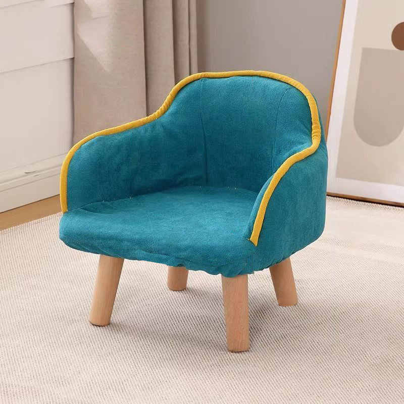 Contemporary Curved Kids' Linen-Cotton Accent Chair with Solid Wood Frame, Backrest and Armrests for Living Room