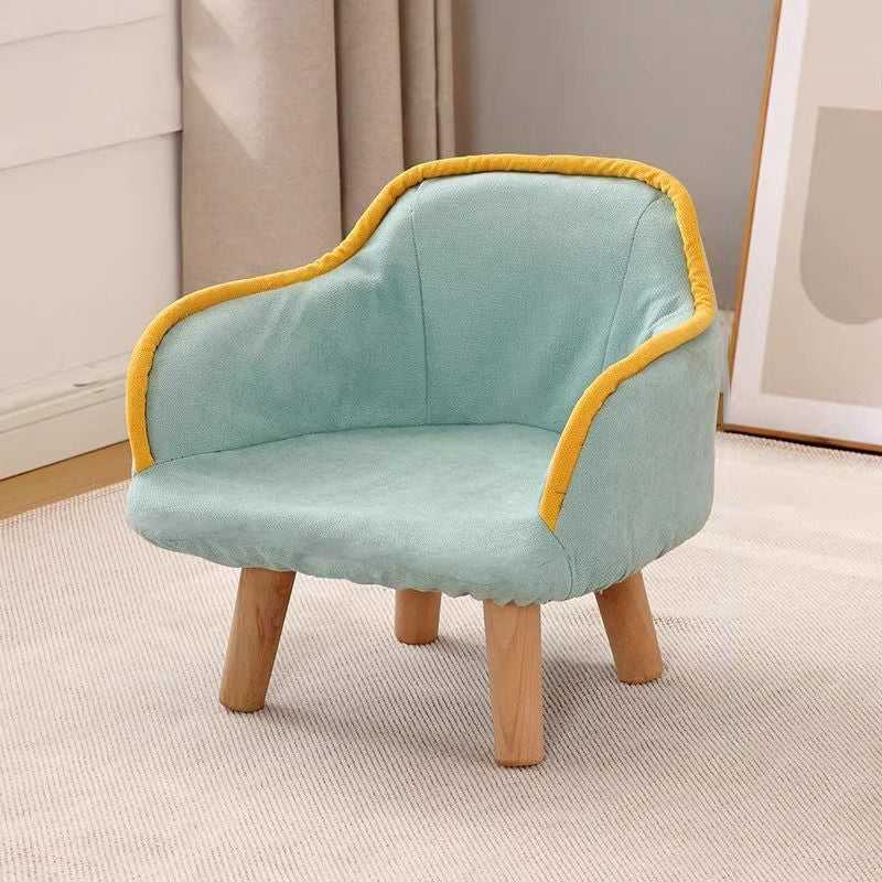 Contemporary Curved Kids' Linen-Cotton Accent Chair with Solid Wood Frame, Backrest and Armrests for Living Room