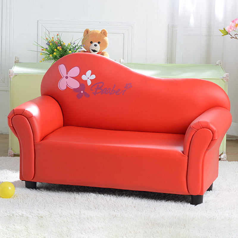 Modern Minimalist Kids Sofa – Rectangular Design with Curved Solid Wood Frame, PU Leather Upholstery, Backrest & Armrests for Living Room