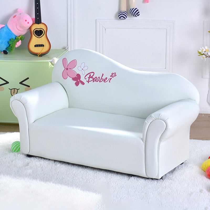 Modern Minimalist Kids Sofa – Rectangular Design with Curved Solid Wood Frame, PU Leather Upholstery, Backrest & Armrests for Living Room