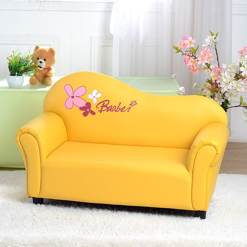 Modern Minimalist Kids Sofa – Rectangular Design with Curved Solid Wood Frame, PU Leather Upholstery, Backrest & Armrests for Living Room