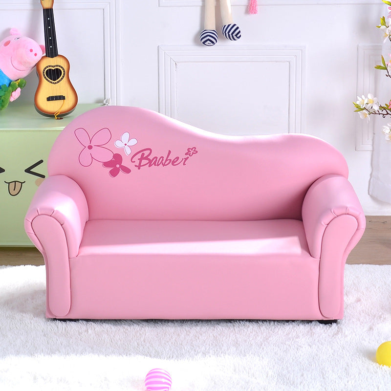 Modern Minimalist Kids Sofa – Rectangular Design with Curved Solid Wood Frame, PU Leather Upholstery, Backrest & Armrests for Living Room