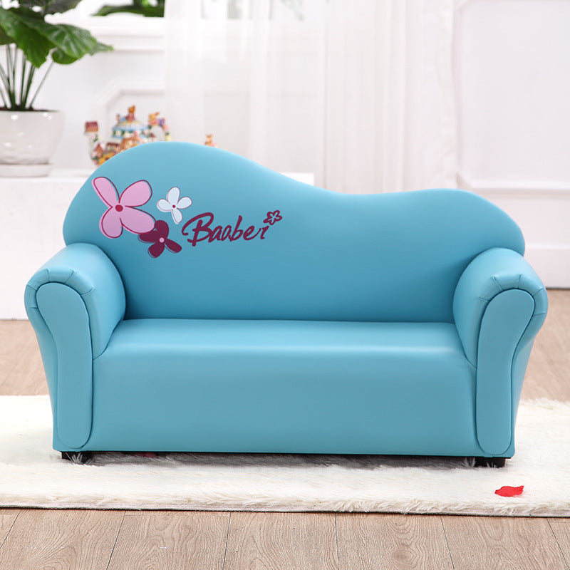 Modern Minimalist Kids Sofa – Rectangular Design with Curved Solid Wood Frame, PU Leather Upholstery, Backrest & Armrests for Living Room