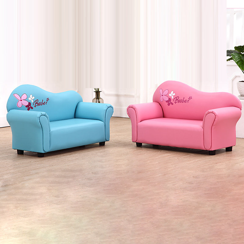 Modern Minimalist Kids Sofa – Rectangular Design with Curved Solid Wood Frame, PU Leather Upholstery, Backrest & Armrests for Living Room