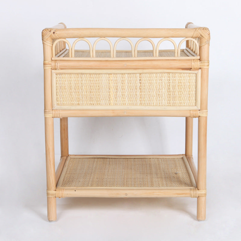 Contemporary Coastal Natural Rattan Nightstand — Handwoven Indonesian Rattan, Rectangular Nightstand with Curved Front Drawer and Open Shelf