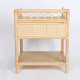 Contemporary Coastal Natural Rattan Nightstand — Handwoven Indonesian Rattan, Rectangular Nightstand with Curved Front Drawer and Open Shelf