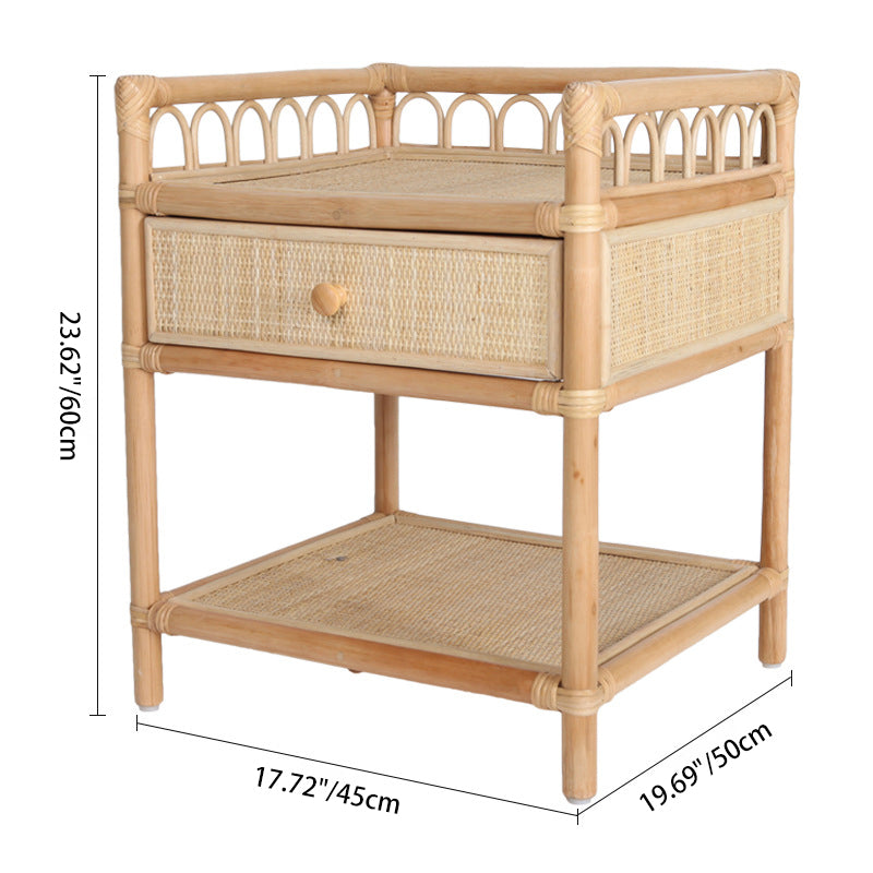 Contemporary Coastal Natural Rattan Nightstand — Handwoven Indonesian Rattan, Rectangular Nightstand with Curved Front Drawer and Open Shelf
