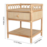 Contemporary Coastal Natural Rattan Nightstand — Handwoven Indonesian Rattan, Rectangular Nightstand with Curved Front Drawer and Open Shelf