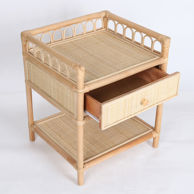 Contemporary Coastal Natural Rattan Nightstand — Handwoven Indonesian Rattan, Rectangular Nightstand with Curved Front Drawer and Open Shelf