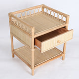 Contemporary Coastal Natural Rattan Nightstand — Handwoven Indonesian Rattan, Rectangular Nightstand with Curved Front Drawer and Open Shelf