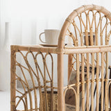 Contemporary Coastal Rattan Side Table — Handwoven in Indonesia, Natural Finish, Curved Design with V-Pattern Weave, End Table for Living Room