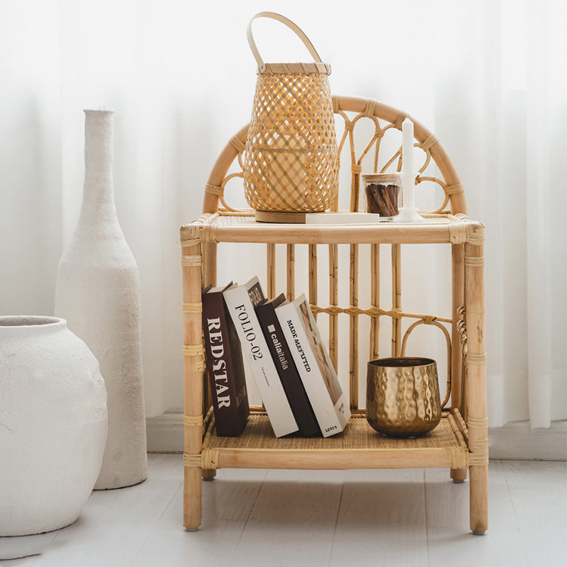 Contemporary Coastal Rattan Side Table — Handwoven in Indonesia, Natural Finish, Curved Design with V-Pattern Weave, End Table for Living Room