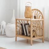 Contemporary Coastal Rattan Side Table — Handwoven in Indonesia, Natural Finish, Curved Design with V-Pattern Weave, End Table for Living Room