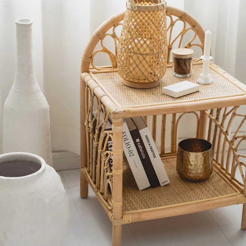 Contemporary Coastal Rattan Side Table — Handwoven in Indonesia, Natural Finish, Curved Design with V-Pattern Weave, End Table for Living Room