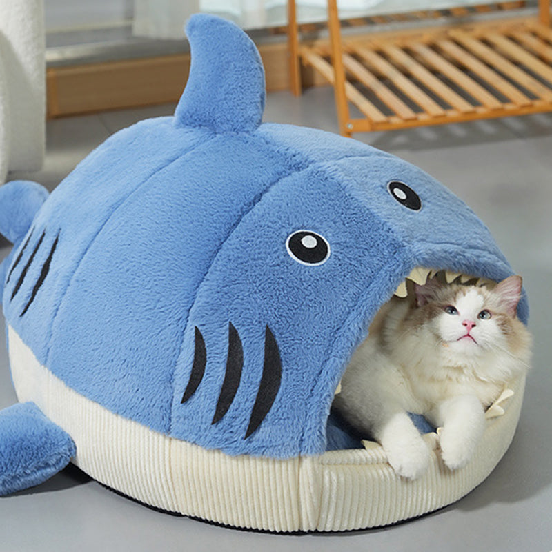 Modern Whimsy Little Shark-Shaped Cat & Dog Bed with Rabbit Fur and PP Cotton – Cozy Bedroom Pet Bed