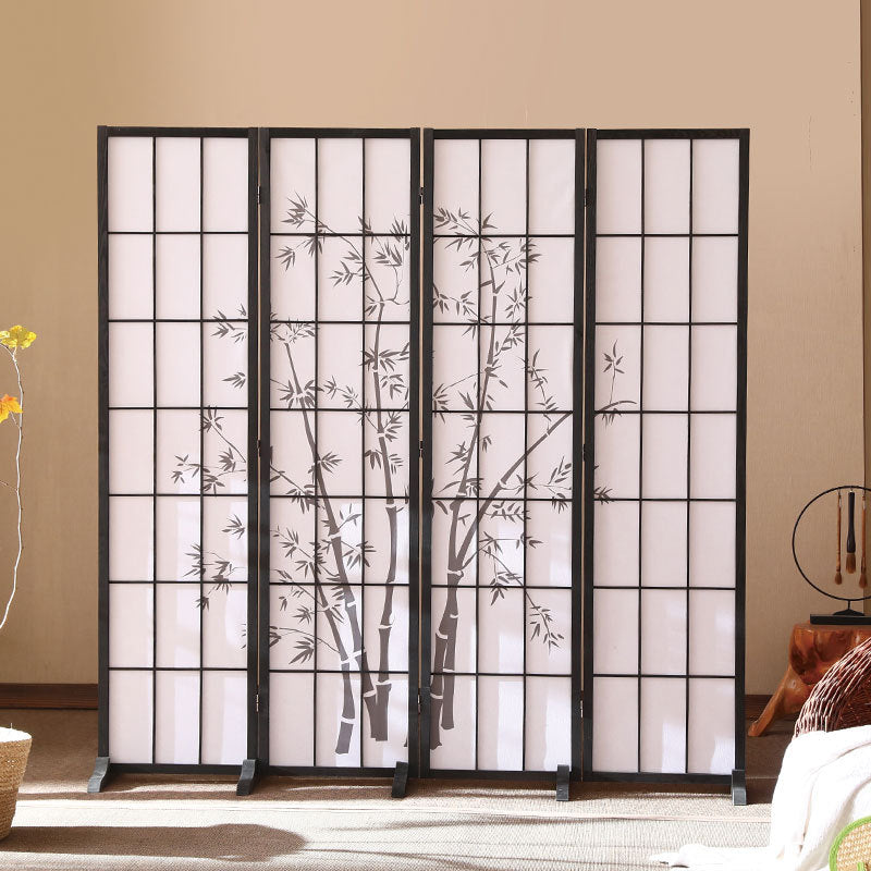 Traditional Japanese Rectangular Room Divider - Foldable Pine Wood Grid Screen with Non-Woven Fabric for Living Room
