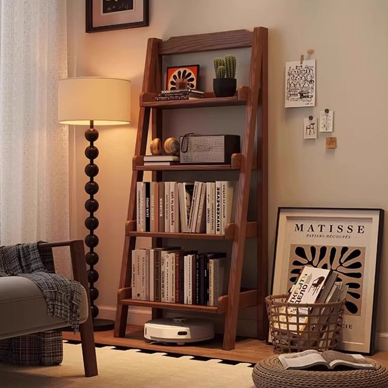Sleek Modern Minimalist 4-Tier Pine Wood Ladder Display Rack for Living Room