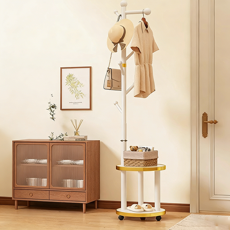 Modern Minimalist Movable Hall Tree – Cylindrical Tree-Branch Design in Pine Wood & Medium-Density Fiberboard, 2-Tier Organizer for Bedroom & Entryways