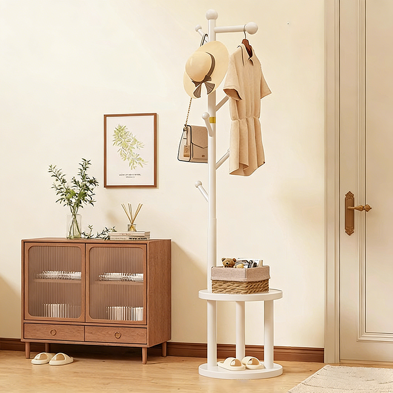 Modern Minimalist Movable Hall Tree – Cylindrical Tree-Branch Design in Pine Wood & Medium-Density Fiberboard, 2-Tier Organizer for Bedroom & Entryways