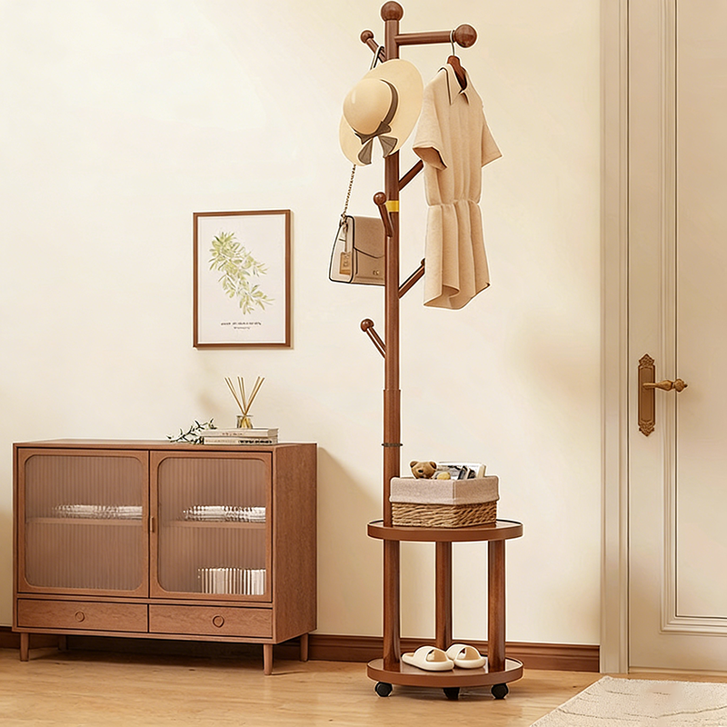 Modern Minimalist Movable Hall Tree – Cylindrical Tree-Branch Design in Pine Wood & Medium-Density Fiberboard, 2-Tier Organizer for Bedroom & Entryways