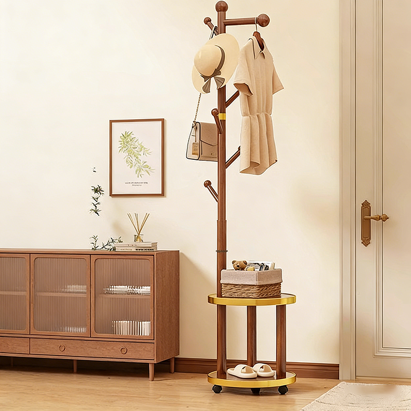 Modern Minimalist Movable Hall Tree – Cylindrical Tree-Branch Design in Pine Wood & Medium-Density Fiberboard, 2-Tier Organizer for Bedroom & Entryways