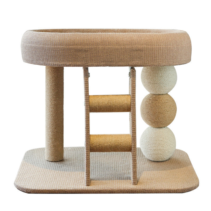 Modern Cat Tree with Rectangular Base, Ladder, and Spherical/Cylindrical Perches — MDF, Hemp Rope & Fabric, Cooling Mat, for Bedroom