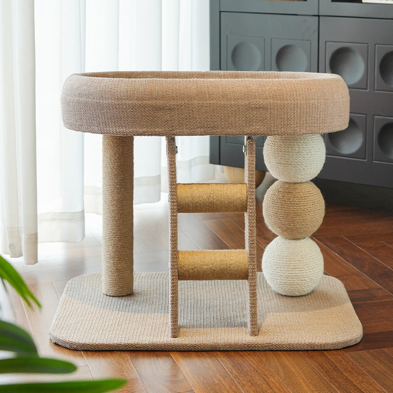 Modern Cat Tree with Rectangular Base, Ladder, and Spherical/Cylindrical Perches — MDF, Hemp Rope & Fabric, Cooling Mat, for Bedroom