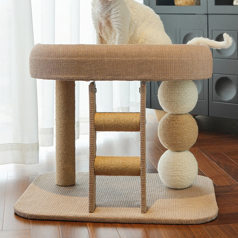 Modern Cat Tree with Rectangular Base, Ladder, and Spherical/Cylindrical Perches — MDF, Hemp Rope & Fabric, Cooling Mat, for Bedroom