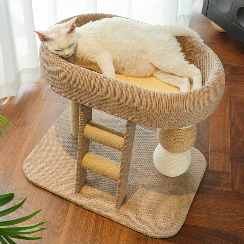 Modern Cat Tree with Rectangular Base, Ladder, and Spherical/Cylindrical Perches — MDF, Hemp Rope & Fabric, Cooling Mat, for Bedroom