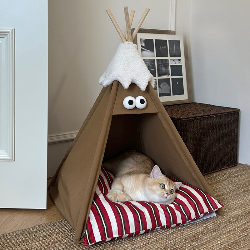 Modern Triangle Pet Bed in Washed Cotton and Crystal Velvet with Non-Slip Fabric and Solid Wood Frame – Cozy Dog and Cat Bed for the Bedroom