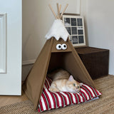 Modern Triangle Pet Bed in Washed Cotton and Crystal Velvet with Non-Slip Fabric and Solid Wood Frame – Cozy Dog and Cat Bed for the Bedroom