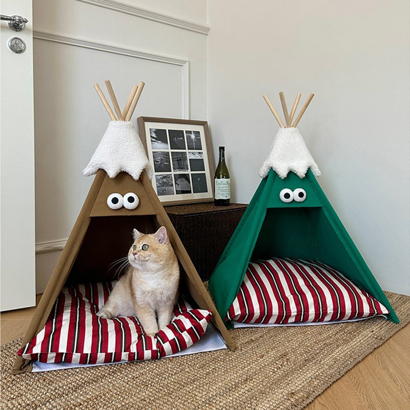 Modern Triangle Pet Bed in Washed Cotton and Crystal Velvet with Non-Slip Fabric and Solid Wood Frame – Cozy Dog and Cat Bed for the Bedroom