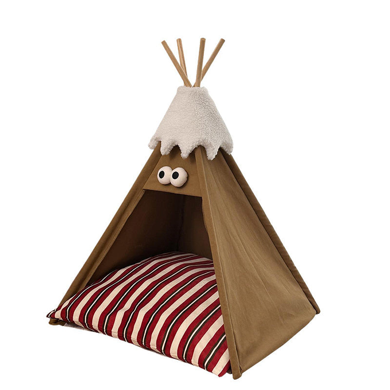 Modern Triangle Pet Bed in Washed Cotton and Crystal Velvet with Non-Slip Fabric and Solid Wood Frame – Cozy Dog and Cat Bed for the Bedroom