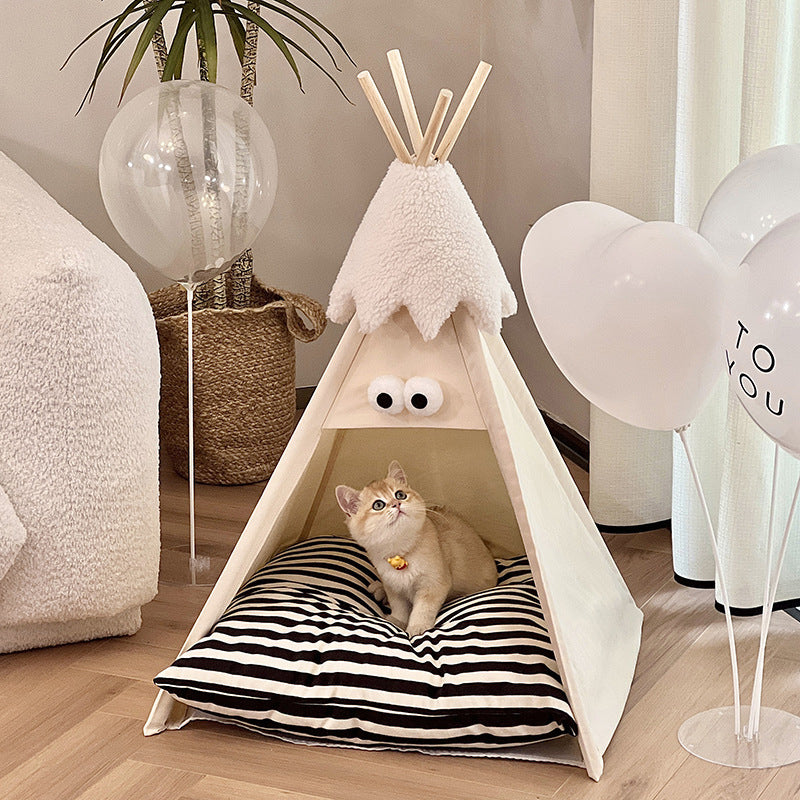 Modern Triangle Pet Bed in Washed Cotton and Crystal Velvet with Non-Slip Fabric and Solid Wood Frame – Cozy Dog and Cat Bed for the Bedroom