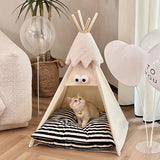 Modern Triangle Pet Bed in Washed Cotton and Crystal Velvet with Non-Slip Fabric and Solid Wood Frame – Cozy Dog and Cat Bed for the Bedroom