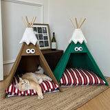Modern Triangle Pet Bed in Washed Cotton and Crystal Velvet with Non-Slip Fabric and Solid Wood Frame – Cozy Dog and Cat Bed for the Bedroom