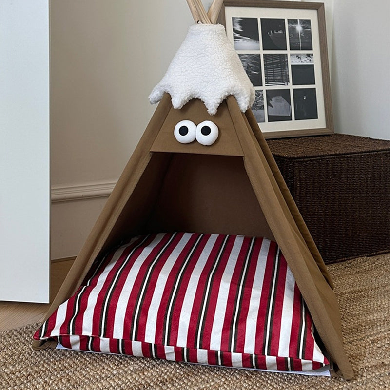 Modern Triangle Pet Bed in Washed Cotton and Crystal Velvet with Non-Slip Fabric and Solid Wood Frame – Cozy Dog and Cat Bed for the Bedroom
