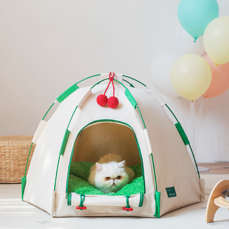 Modern Cylindrical Canvas Cat Tent with Plush Fabric, Hemp Rope Accent, and Fiberglass Pole – Cozy Bedroom Pet Bed