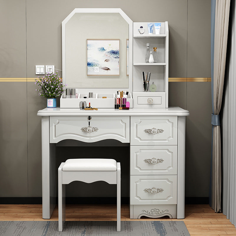 Contemporary Luxury Glass-Top MDF Vanity Table with 5 Drawers – Rectangular Makeup Vanity for Bedroom