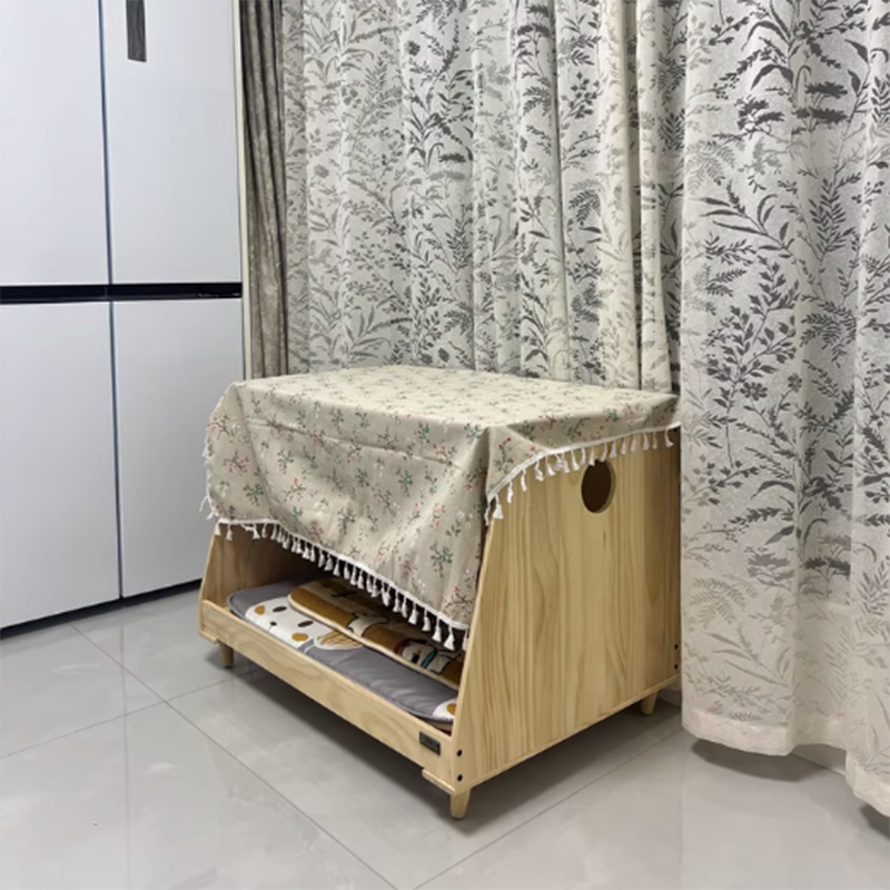 Modern Minimalist Rectangular Pet Bed with Cotton-Linen Fabric and Solid Pine Wood Frame for Dogs and Cats, Perfect for the Bedroom