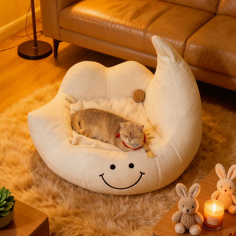 Contemporary Velvet Moon-Shaped Pet Bed for Cats and Dogs — Curved Design with Plush Sponge Cushion, Perfect for the Bedroom