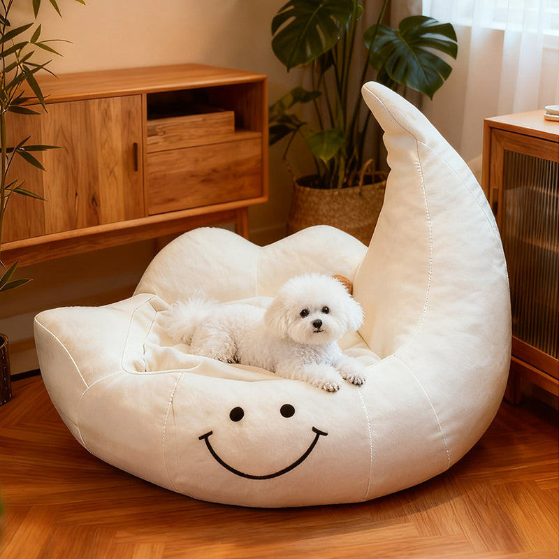 Contemporary Velvet Moon-Shaped Pet Bed for Cats and Dogs — Curved Design with Plush Sponge Cushion, Perfect for the Bedroom