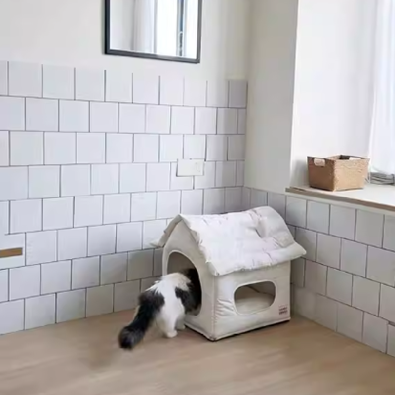 Modern Minimalist House-Shape Pet Bed – Waterproof, Cozy Polyester Cotton with PP Cotton Fill, Plastic Base, Ideal for Dogs & Cats in the Bedroom