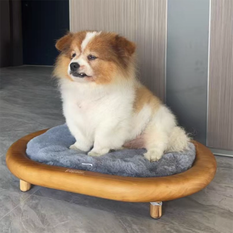 Modern Minimalist Oval Solid Wood Velvet Pet Bed with Cat Claw Leather Accents for Cats and Dogs, Bedroom-Ready