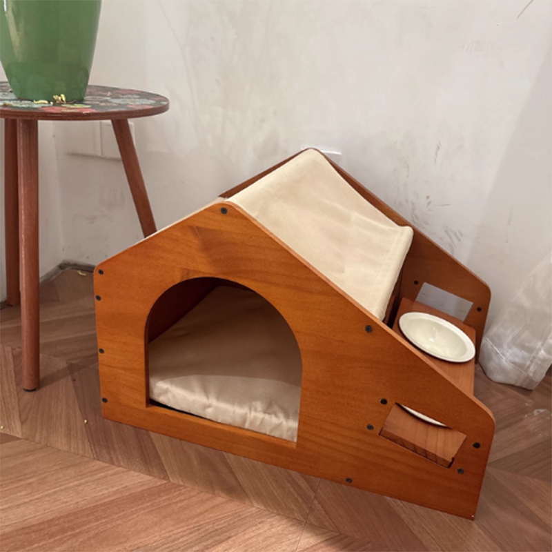 Traditional Chinese-Style House-Shaped Dog & Cat Bed — Oxford Cloth, Solid Pine Wood Frame, Acrylic & Ceramic Accents, Multi-Functional Bedroom Bed