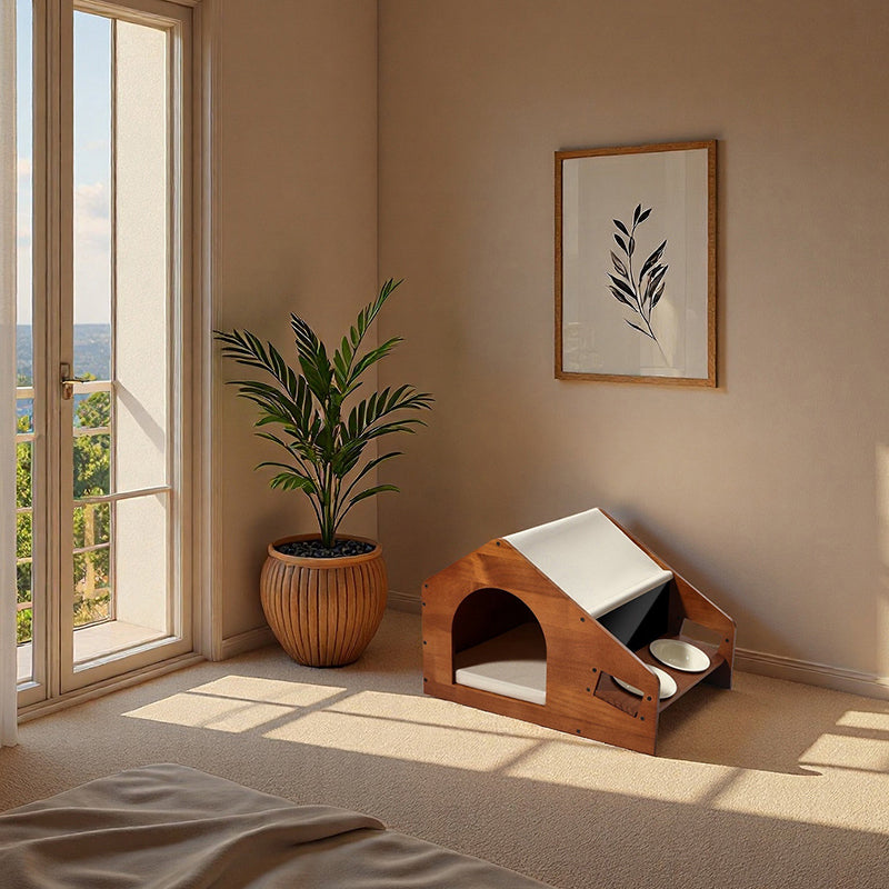 Traditional Chinese-Style House-Shaped Dog & Cat Bed — Oxford Cloth, Solid Pine Wood Frame, Acrylic & Ceramic Accents, Multi-Functional Bedroom Bed