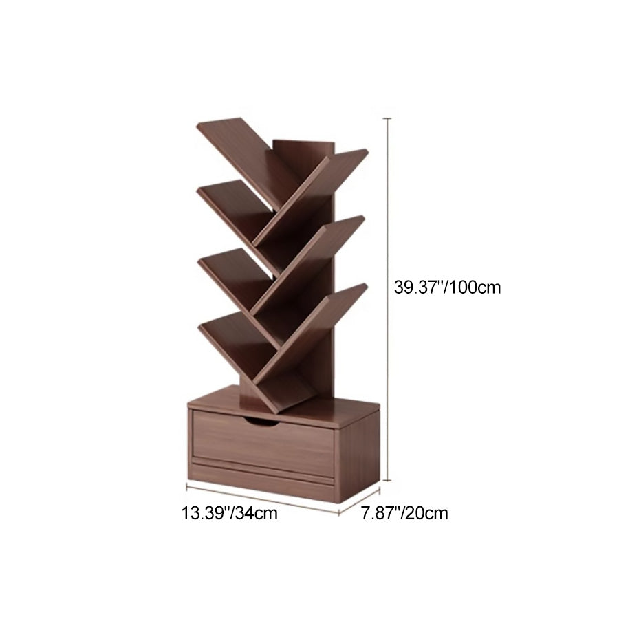Contemporary Tree-Shaped Solid Wood Bookshelf with Drawer - Eco-Friendly Living Room Storage
