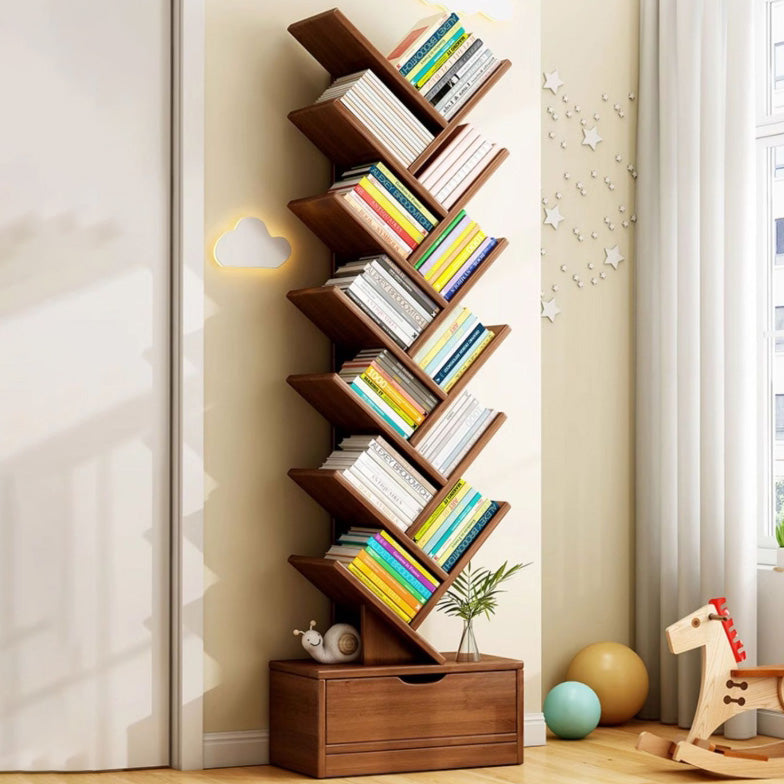 Contemporary Tree-Shaped Solid Wood Bookshelf with Drawer - Eco-Friendly Living Room Storage