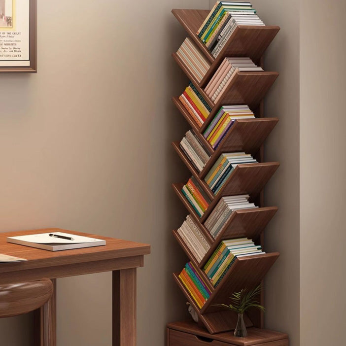 Contemporary Tree-Shaped Solid Wood Bookshelf with Drawer - Eco-Friendly Living Room Storage